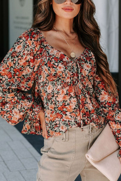 Peplum Tied Flora Long Sleeve Blouse