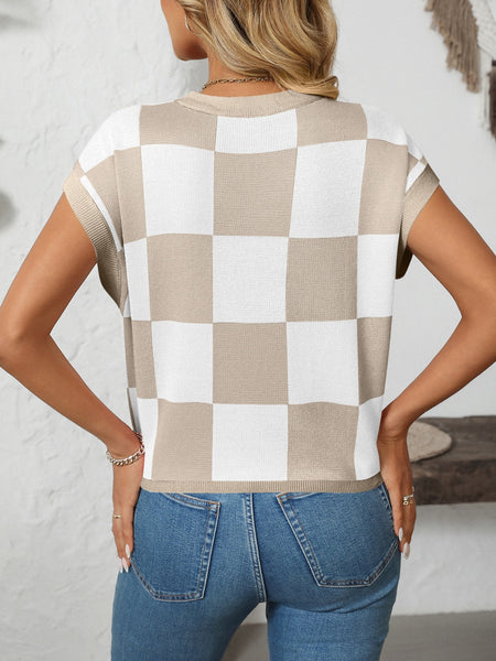Checkered Round Neck Cap Sleeve Knit Top