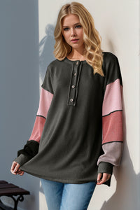 Color Block Round Neck Long Sleeve T-Shirt