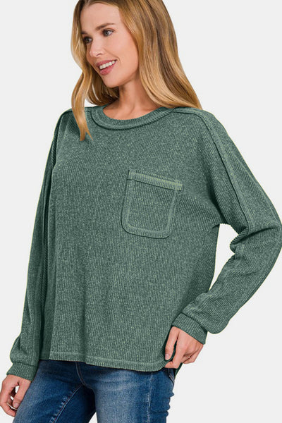 Contrast Stitching Brushed Ribbed Hacci Knit Top