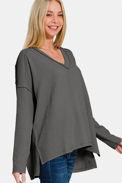 Texture Exposed Seam V-Neck Long Sleeve T-Shirt