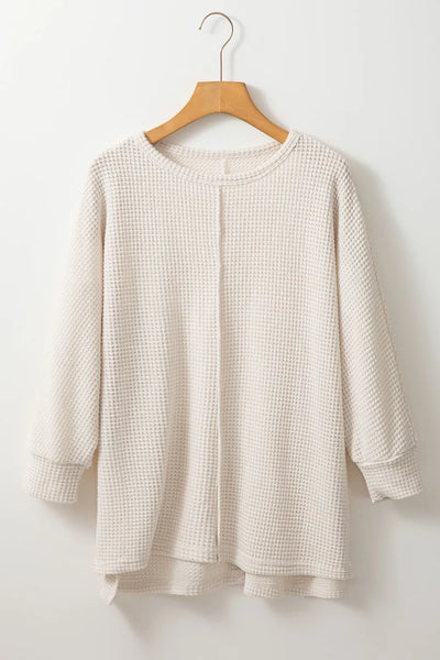 Waffle-Knit Slit Round Neck Long Sleeve Top