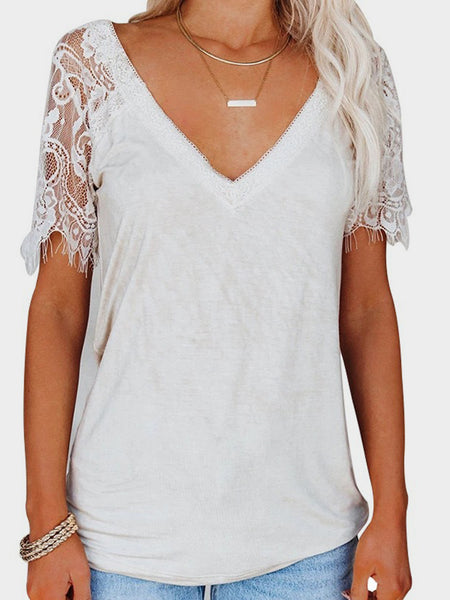 Lace Patchwork V-Neck Short Sleeve T-Shirt