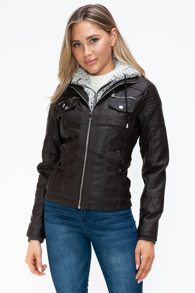 Removable Faux Layered Multi-Pocket Jacket with Fuzzy Hood