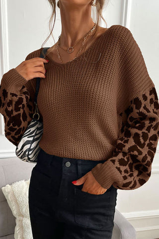 Leopard Sleeve Dropped Shoulder Sweater