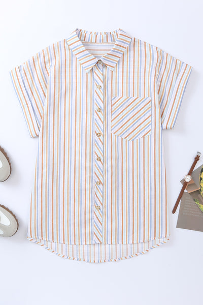 Pocketed Striped Collared Neck Short Sleeve Shirt