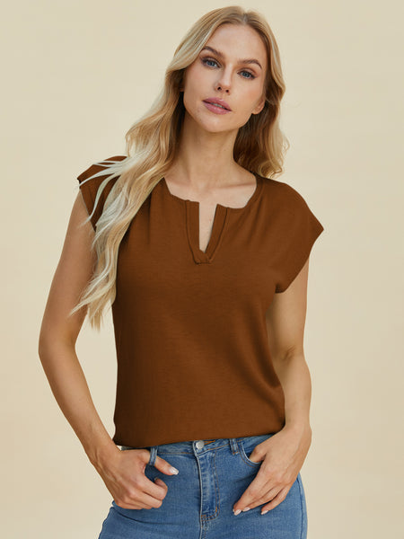 Notched Cap Sleeve Knit Top