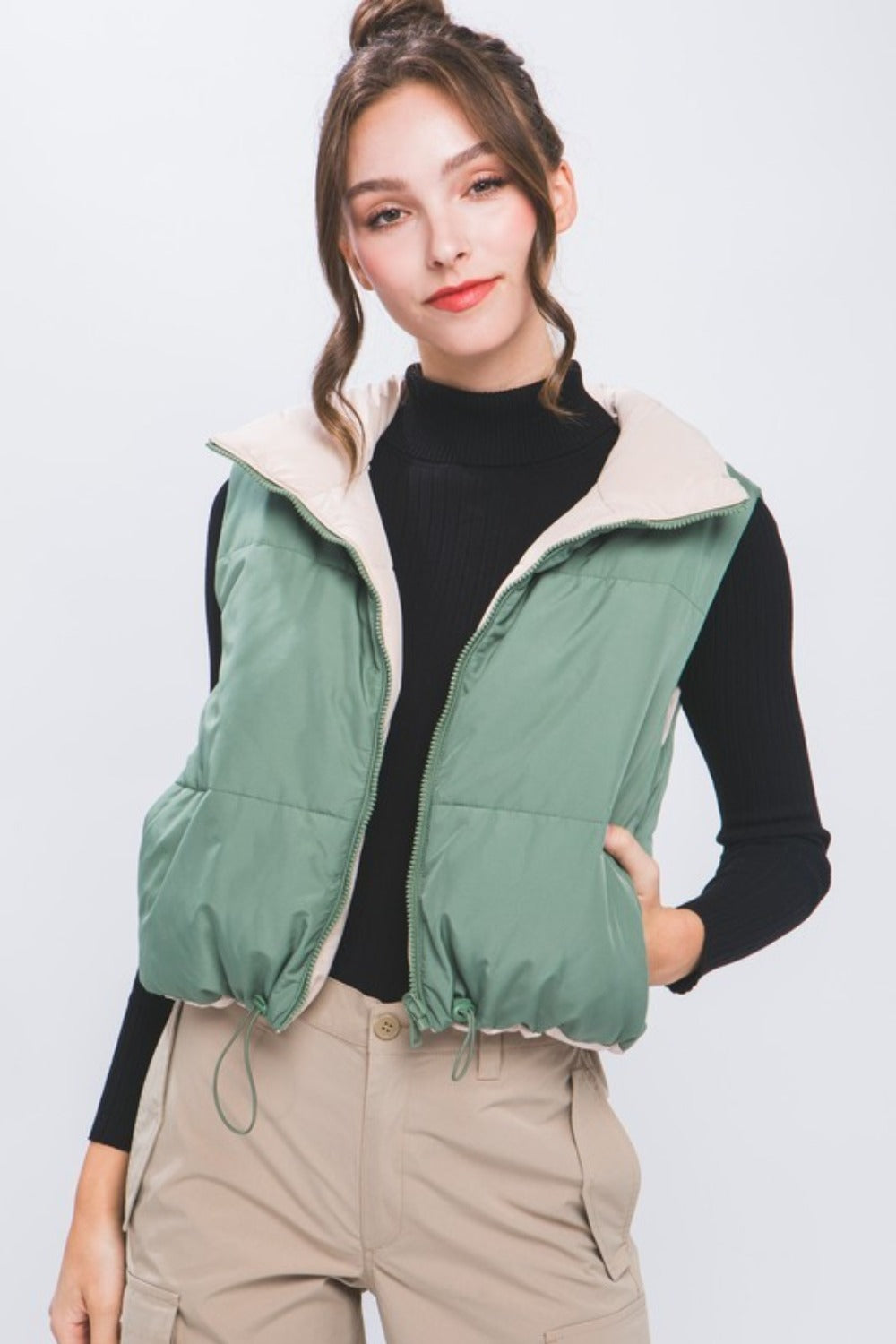 Zip Up Cropped Contrast Reversible Vest