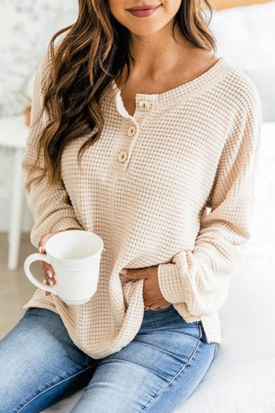 Slit Waffle Knit Long Sleeve T-Shirt