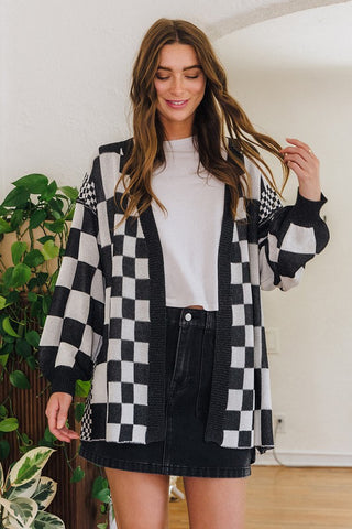 Wear Checkered Open Front Drop Shoulder Cardigan