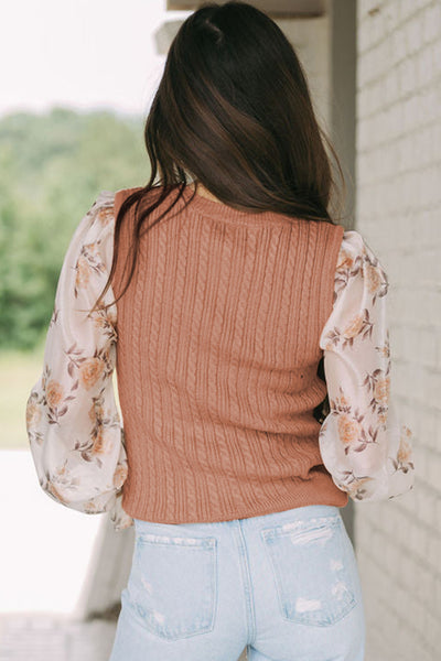 Ribbed Floral Lantern Sleeve Blouse