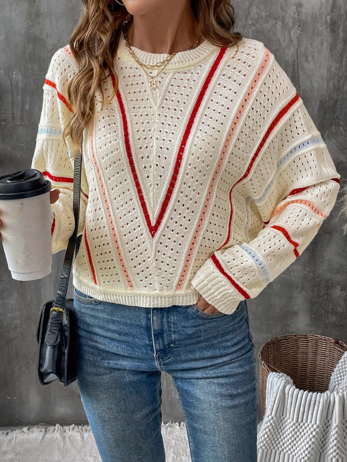 Eyelet Round Neck Long Sleeve Sweater