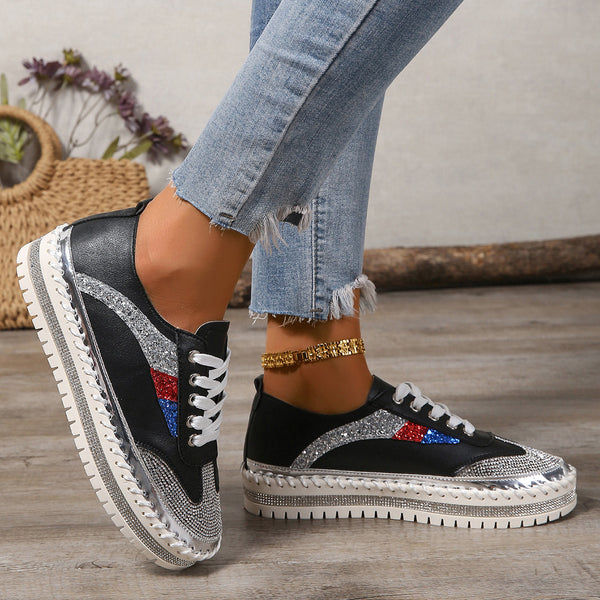 Rhinestone Lace Up Round Toe Platform Sneakers