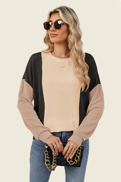 Texture Contrast Round Neck Long Sleeve T-Shirt