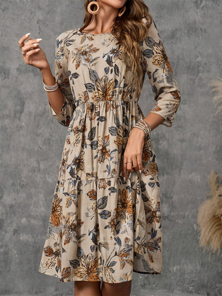 Printed Round Neck Three-Quarter Sleeve Dress