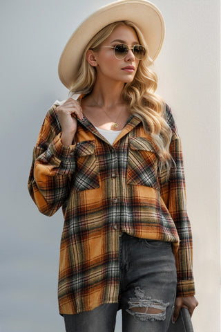 Drawstring Plaid Long Sleeve Hooded Shacket