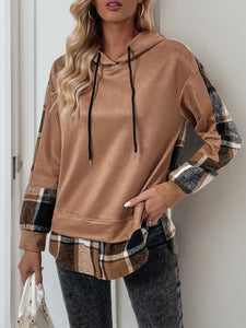 Drawstring Slit Plaid Long Sleeve Hoodie