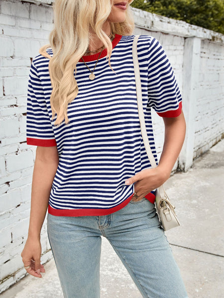 Striped Contrast Round Neck Half Sleeve Knit Top