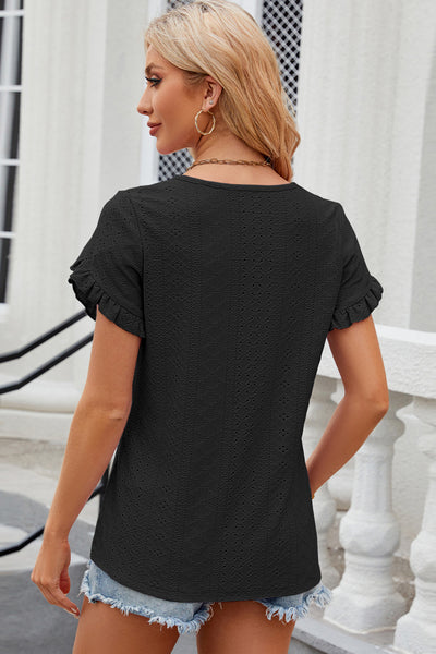 Eyelet Round Neck Petal Sleeve T-Shirt