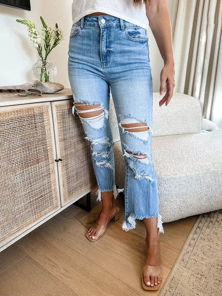 Distressed Raw Hem Jeans with Pockets