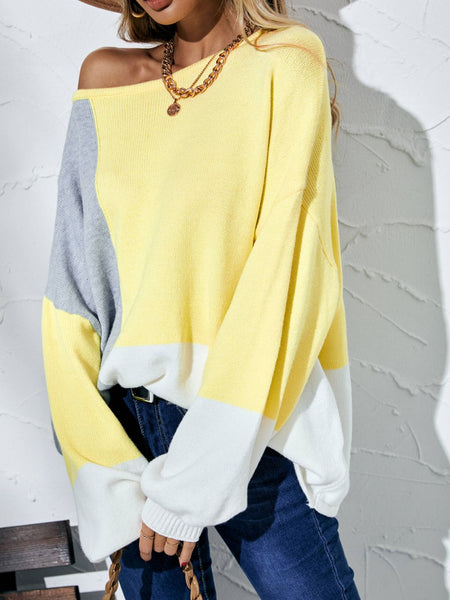 Angel Wings Color Block Balloon Sleeve Boat Neck Sweater