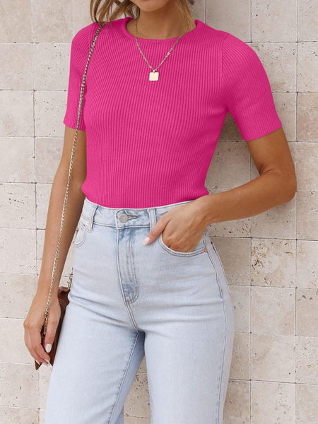 Ribbed Round Neck Short Sleeve Knit Top