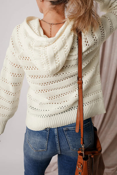 Openwork Drawstring Long Sleeve Hooded Knit Cover Up