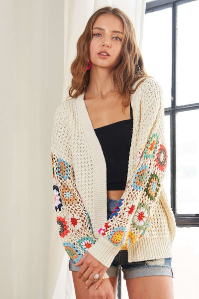 Full Size Contrast Crochet Open Front Long Sleeve Cardigan