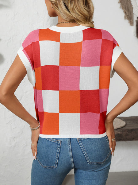 Checkered Round Neck Cap Sleeve Knit Top