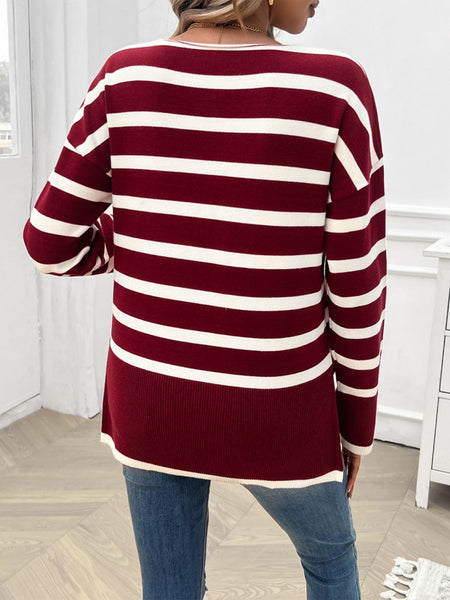 Striped V-Neck Long Sleeve Knit Top