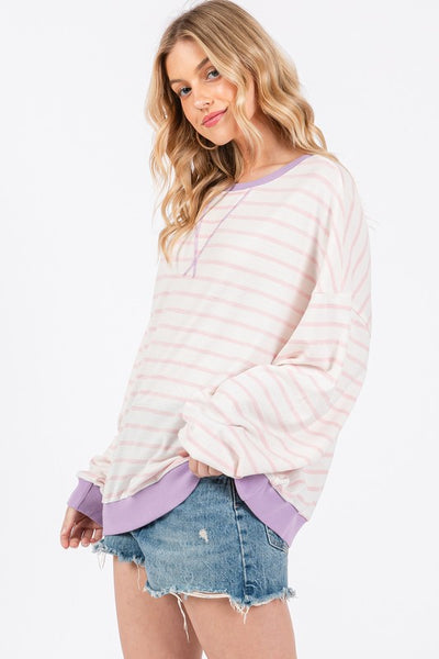 Striped Round Neck Drop Shoulder Sweatshirt