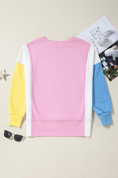 Slit Contrast Round Neck Long Sleeve Sweatshirt