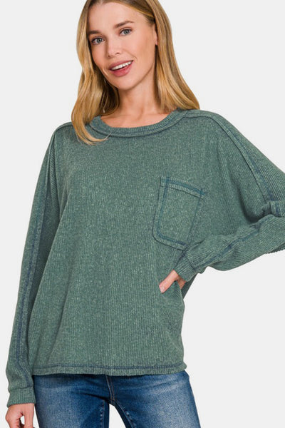 Contrast Stitching Brushed Ribbed Hacci Knit Top
