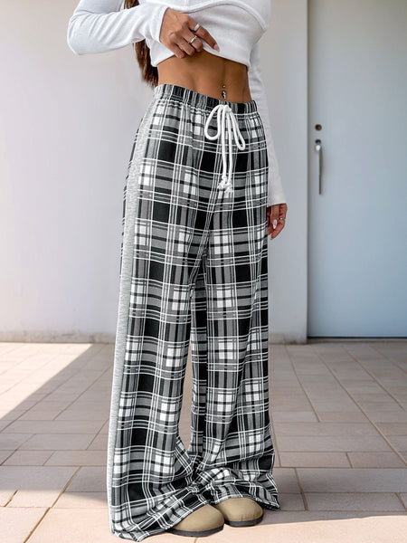 Drawstring Plaid Wide Leg Pants