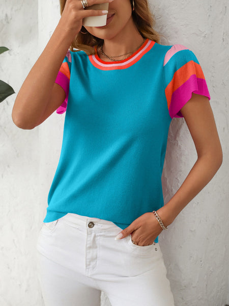 Contrast Round Neck Short Sleeve Knit Top