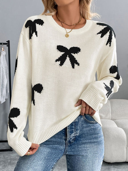 Bow Graphic Round Neck Long Sleeve Sweater