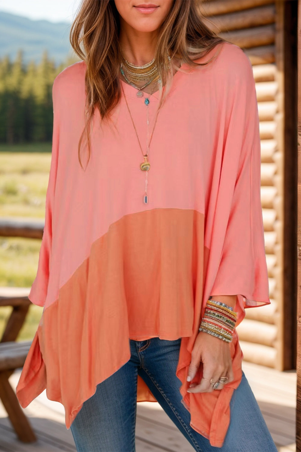 Contrast V-Neck Sleeve Blouse