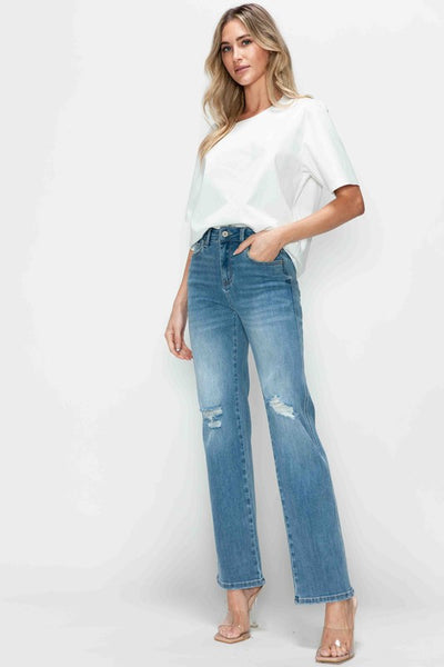 Full Size Distressed High Rise Straight Jeans