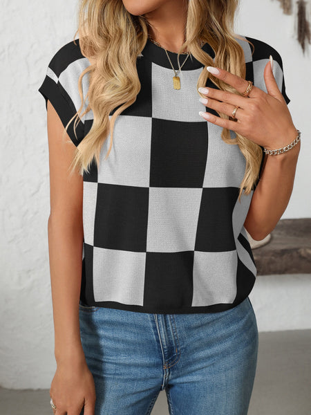 Checkered Round Neck Cap Sleeve Knit Top