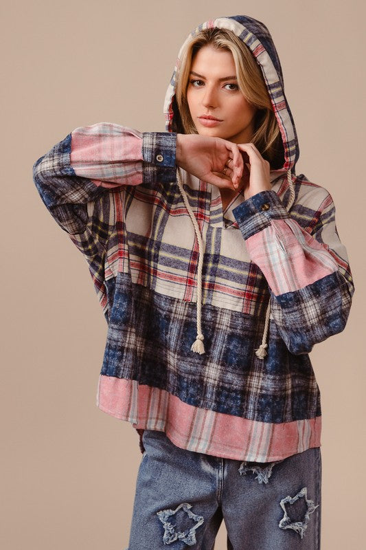 Drawstring Plaid Drop Shoulder Hoodie