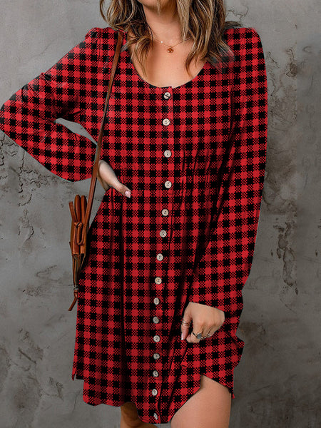 *Doorbuster* Plaid Round Neck Long Sleeve Magic Dress