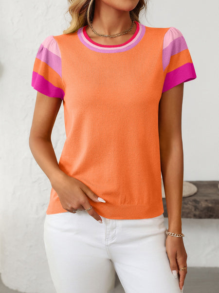 Contrast Round Neck Short Sleeve Knit Top