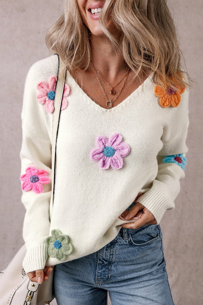 Crochet Flower V-Neck Long Sleeve Sweater