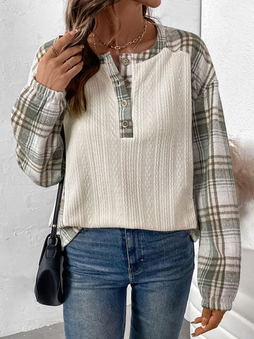 Plaid Half Button Long Sleeve T-Shirt