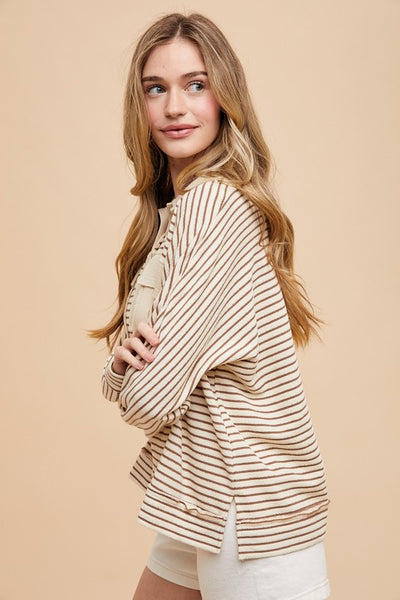 Striped Button Detail Long Sleeve Polo Top