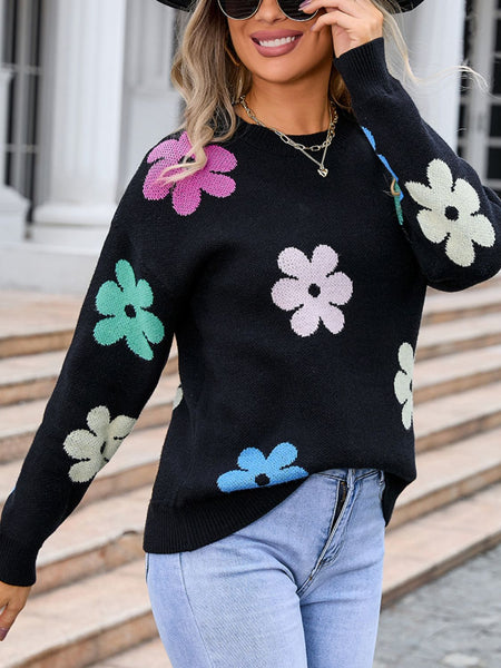 Flower Round Neck Long Sleeve Sweater