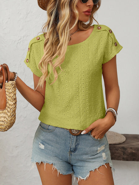 Eyelet Round Neck Short Sleeve Top