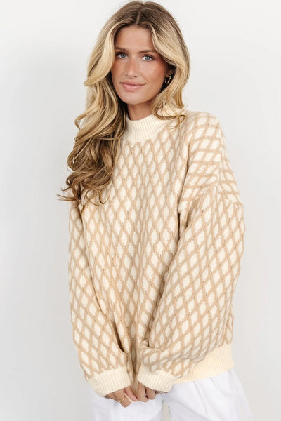 Diamond shaped Pattern Mock Neck Long Sleeve Sweater