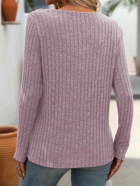 Ribbed V-Neck Long Sleeve T-Shirt