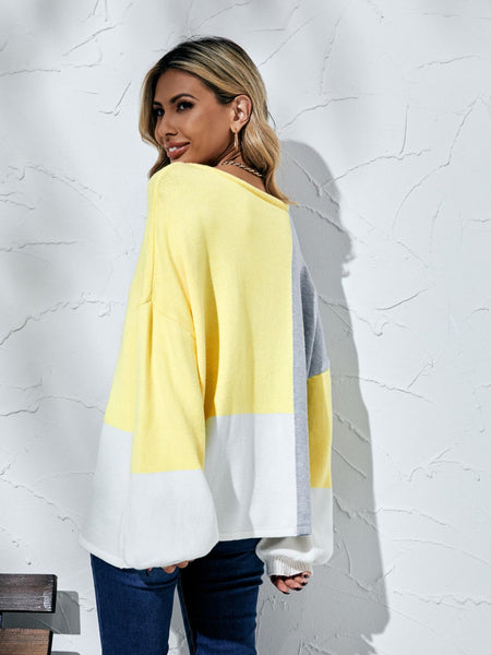 Angel Wings Color Block Balloon Sleeve Boat Neck Sweater